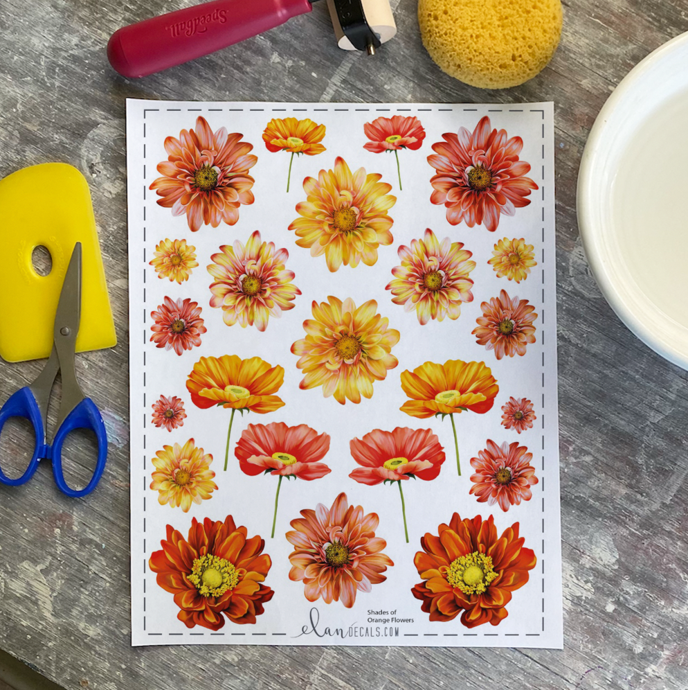 Shades of Orange Flowers  - Overglaze Decal Sheet